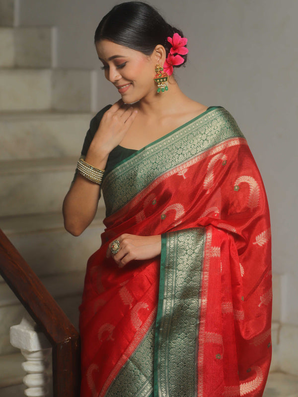 Banarasee Handwoven Semi Silk Saree With Contrast Zari Border-Red & Green