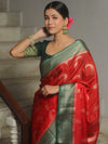 Banarasee Handwoven Semi Silk Saree With Contrast Zari Border-Red & Green