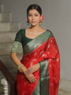 Banarasee Handwoven Semi Silk Saree With Contrast Zari Border-Red & Green