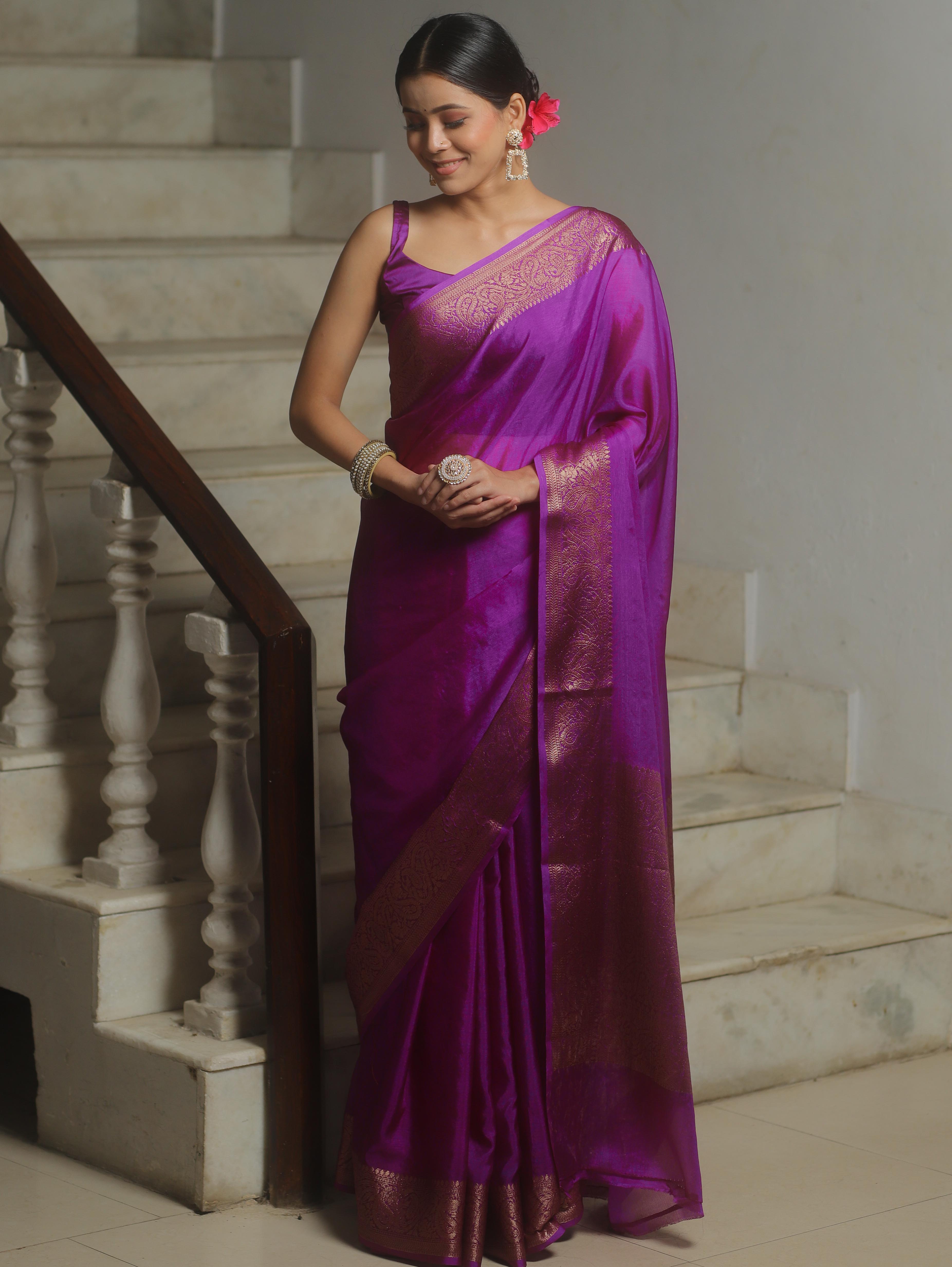 Banarasee Handwoven Semi Silk Plain Saree With Zari Border-Magenta