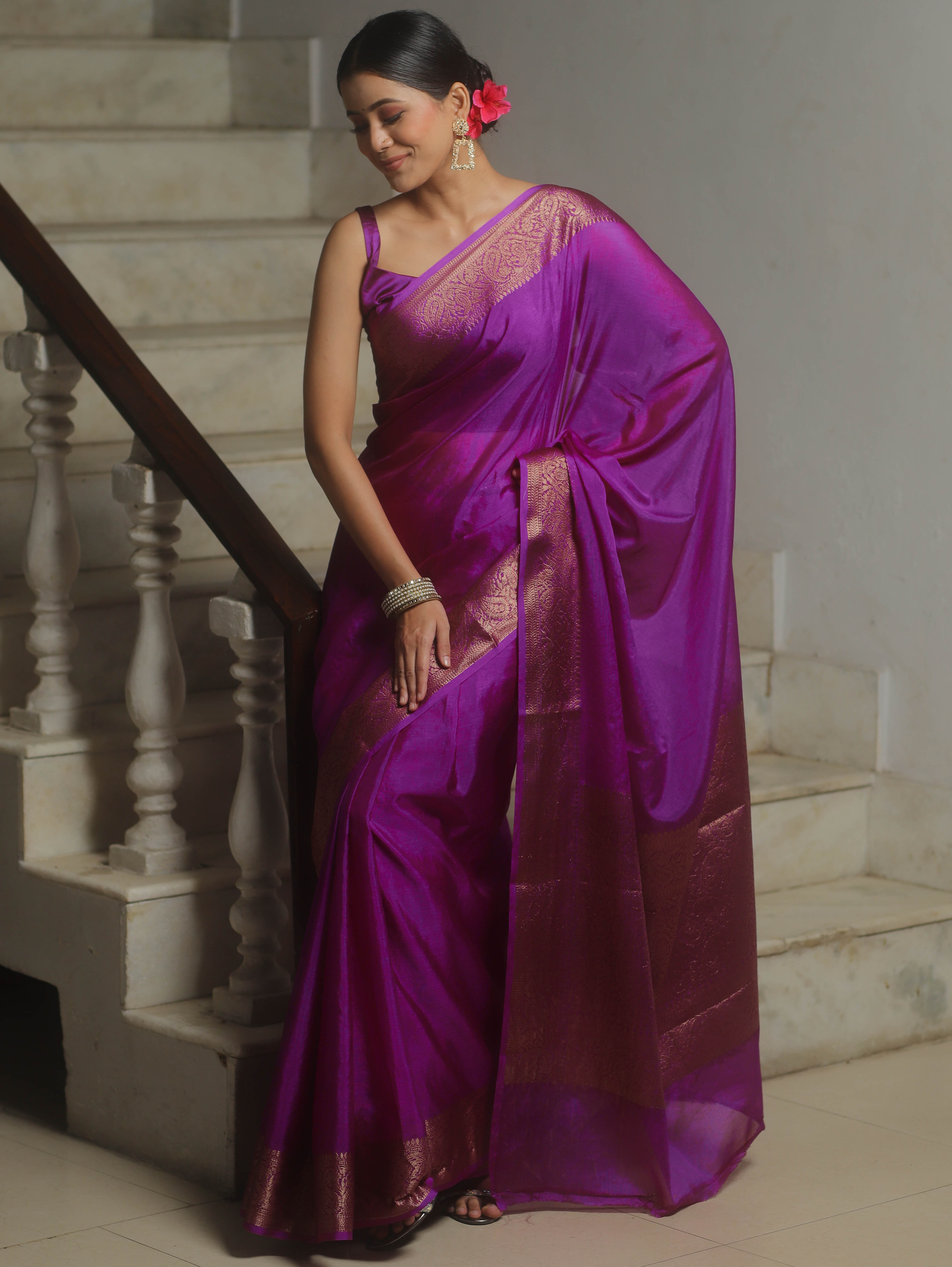 Banarasee Handwoven Semi Silk Plain Saree With Zari Border-Magenta