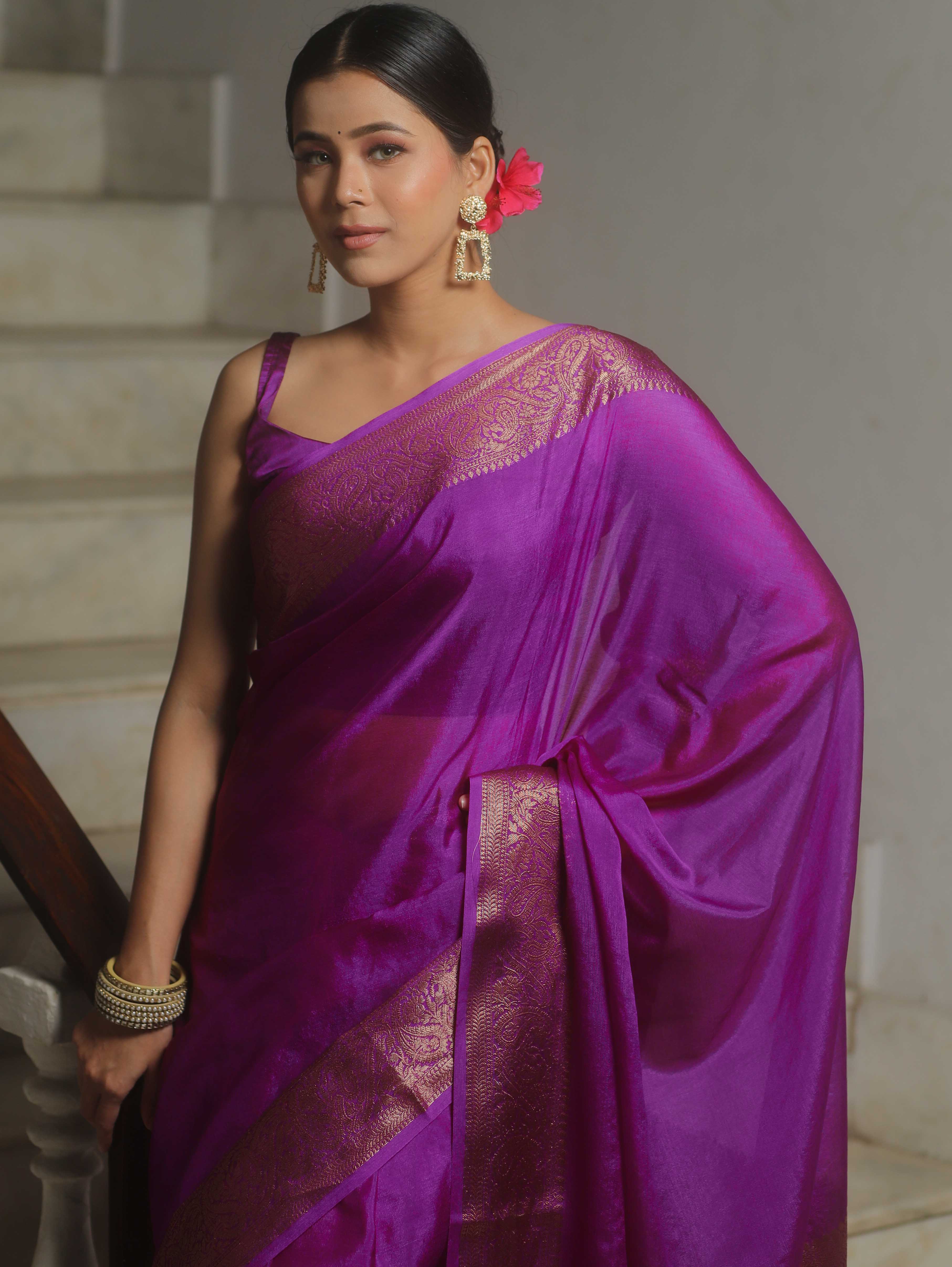 Banarasee Handwoven Semi Silk Plain Saree With Zari Border-Magenta