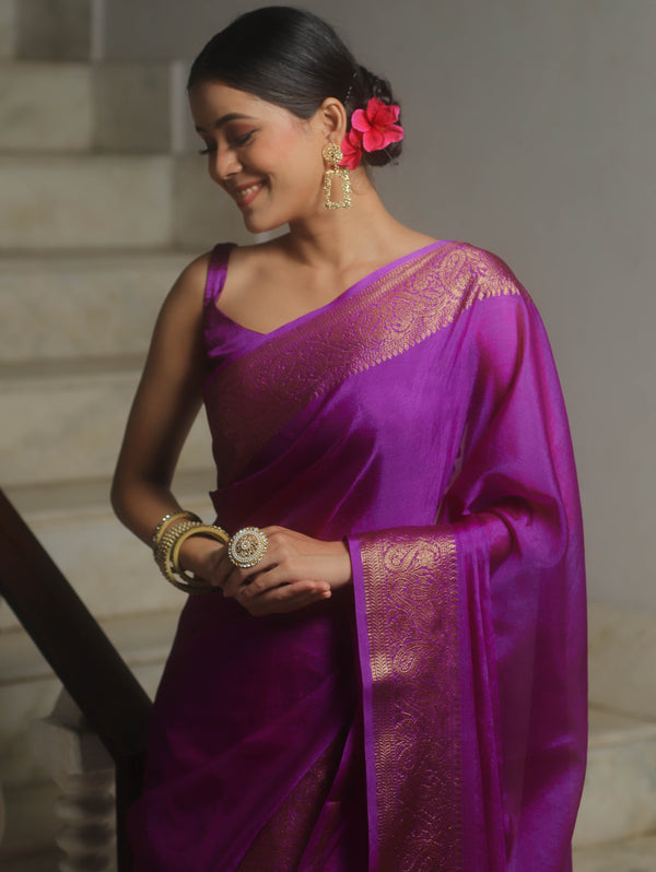 Banarasee Handwoven Semi Silk Plain Saree With Zari Border-Magenta