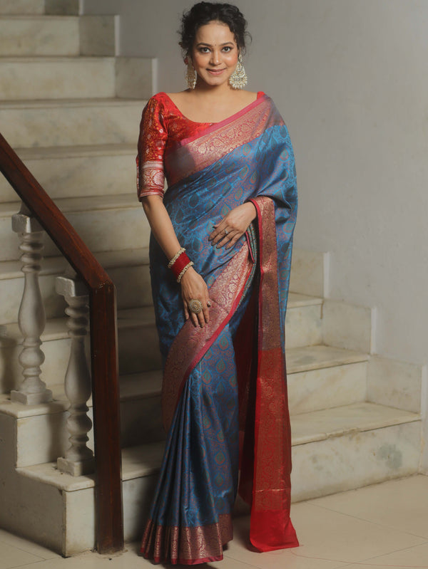 Banarasee Handwoven Semi-Katan Tanchoi Weaving Floral Border Saree-Blue & Red