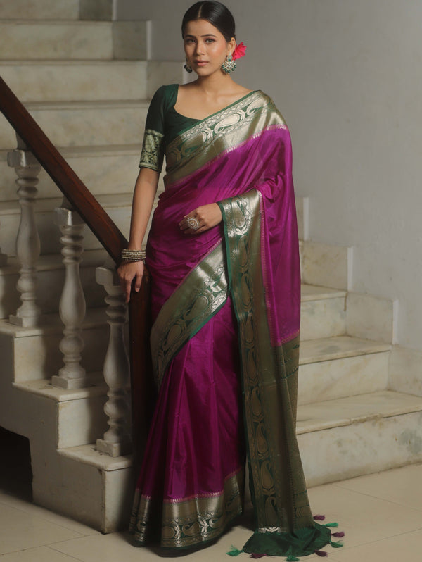 Banarasee Handwoven Plain Semi Silk Saree With Contrast Zari Border-Magenta & Green