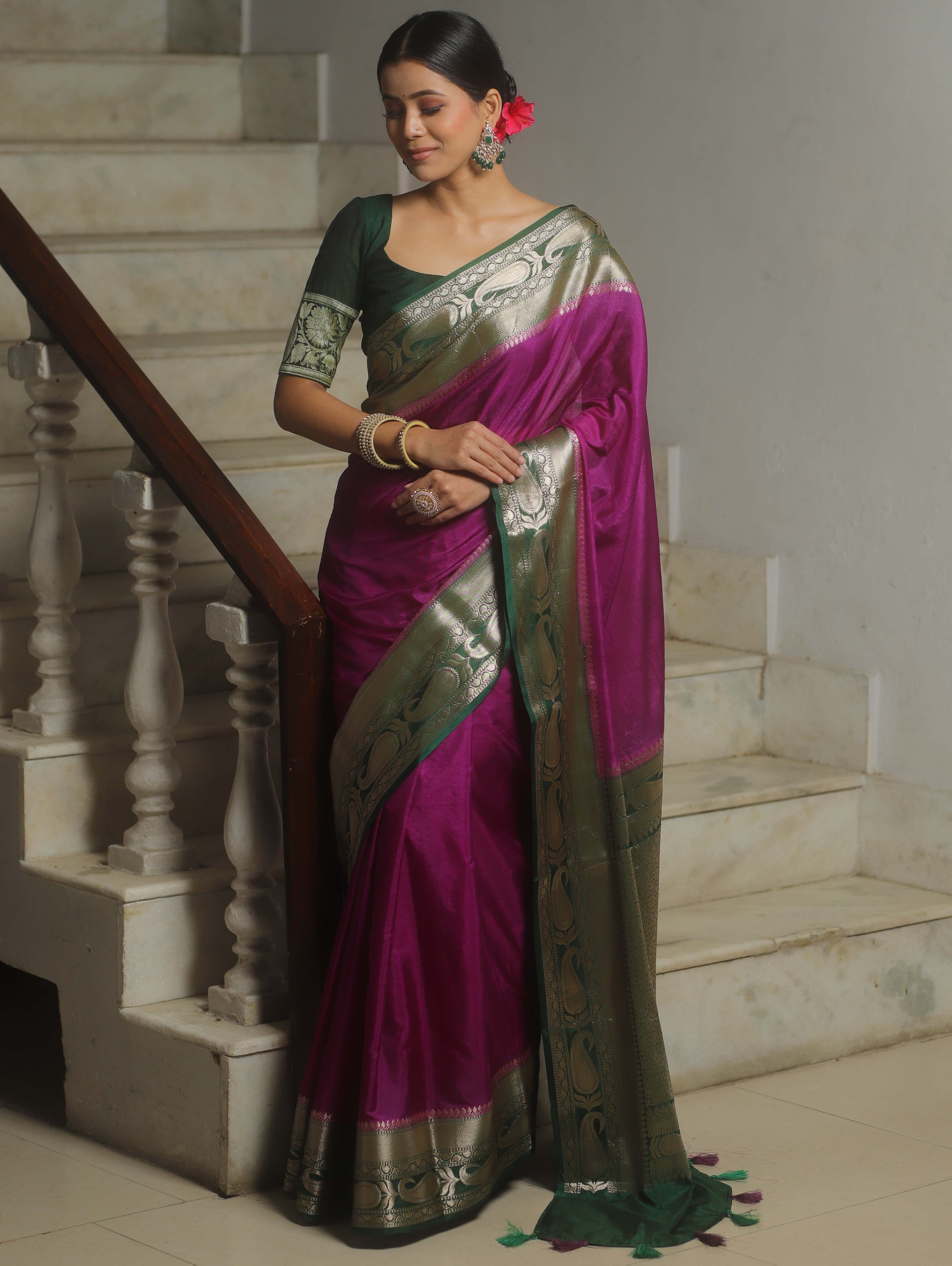 Banarasee Handwoven Plain Semi Silk Saree With Contrast Zari Border-Magenta & Green