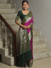 Banarasee Handwoven Plain Semi Silk Saree With Contrast Zari Border-Magenta & Green