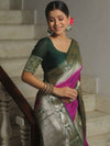 Banarasee Handwoven Plain Semi Silk Saree With Contrast Zari Border-Magenta & Green