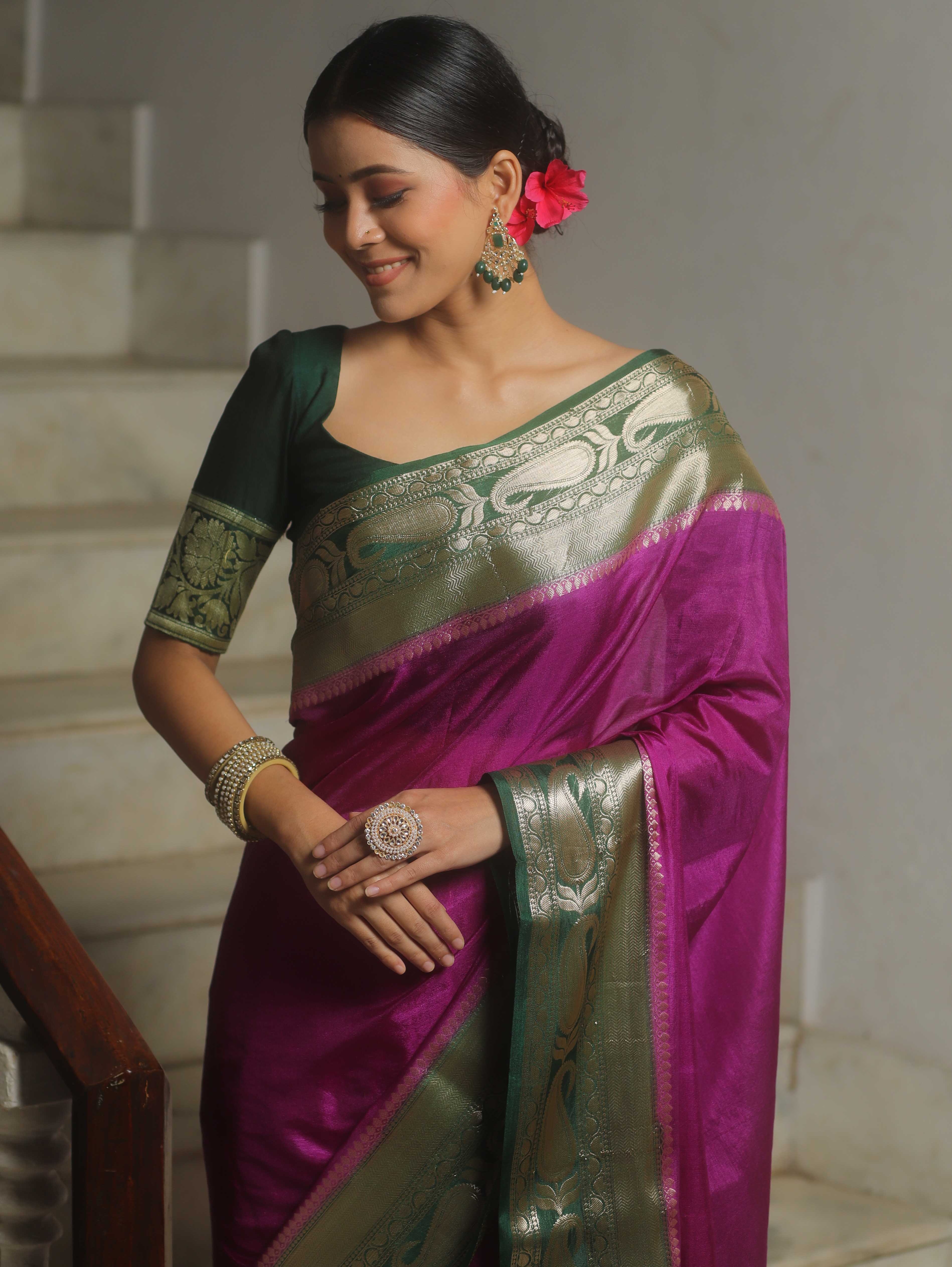 Banarasee Handwoven Plain Semi Silk Saree With Contrast Zari Border-Magenta & Green