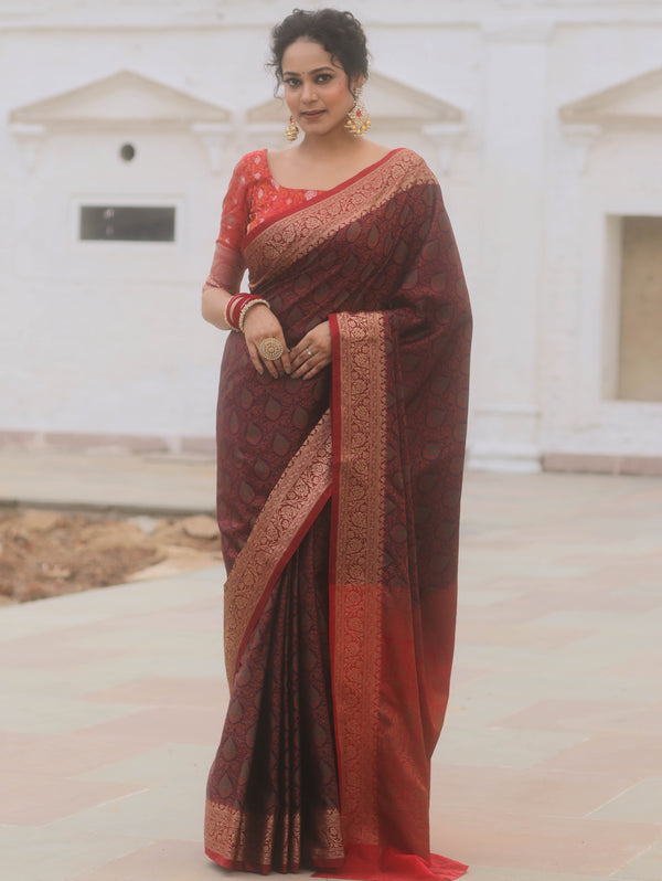 Banarasee Handwoven Semi-Katan Tanchoi Weaving Floral Border Saree-Brown & Red