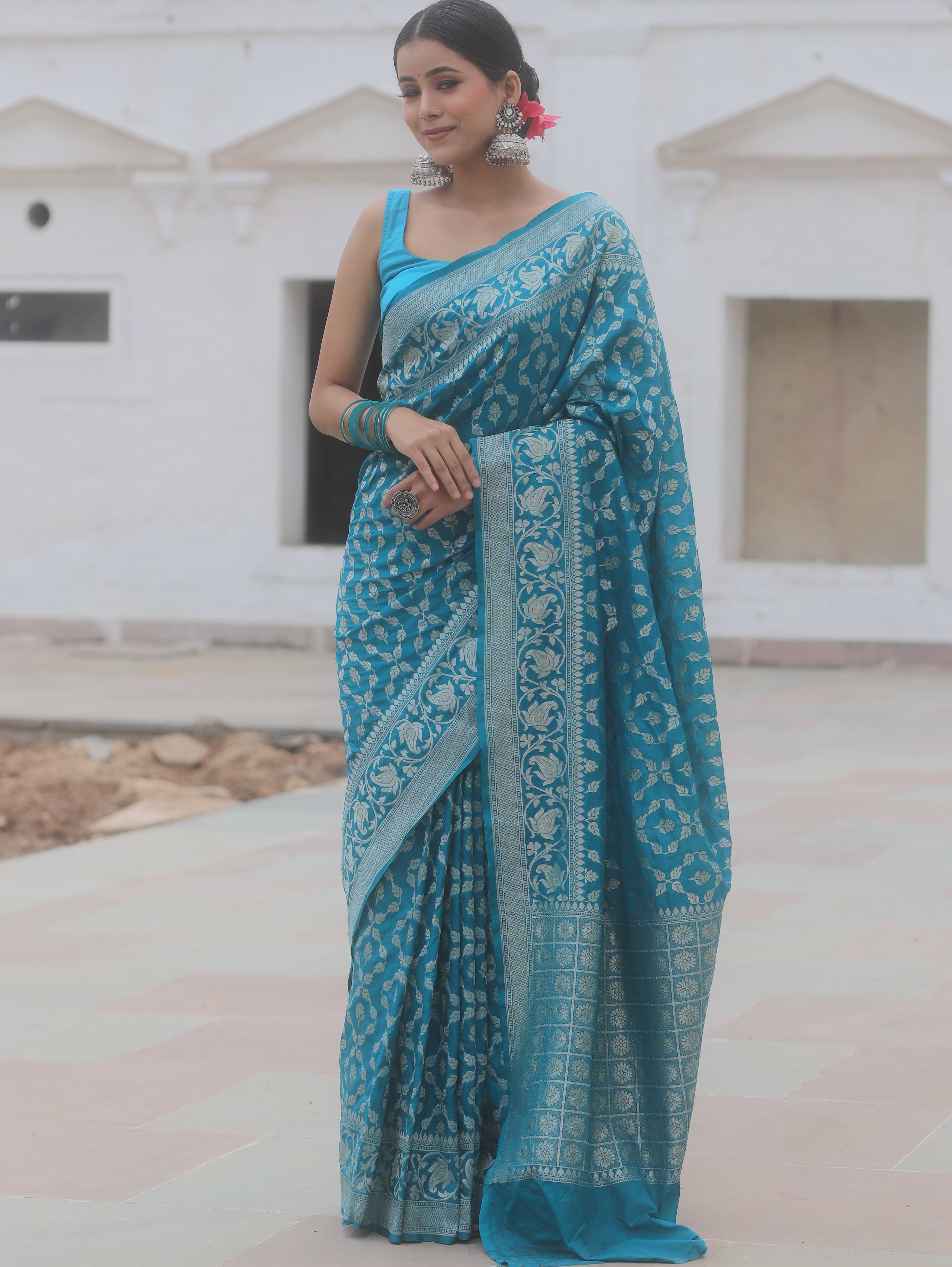 Banarasee Handwoven Semi Katan Saree With Zari Jaal Design & Border-Teal Blue