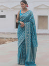 Banarasee Handwoven Semi Katan Saree With Zari Jaal Design & Border-Teal Blue