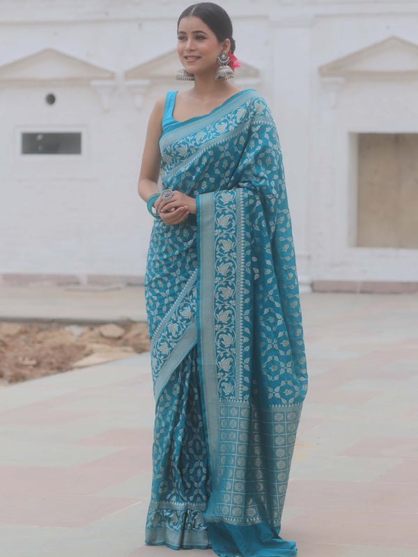 Banarasee Handwoven Semi Katan Saree With Zari Jaal Design & Border-Teal Blue