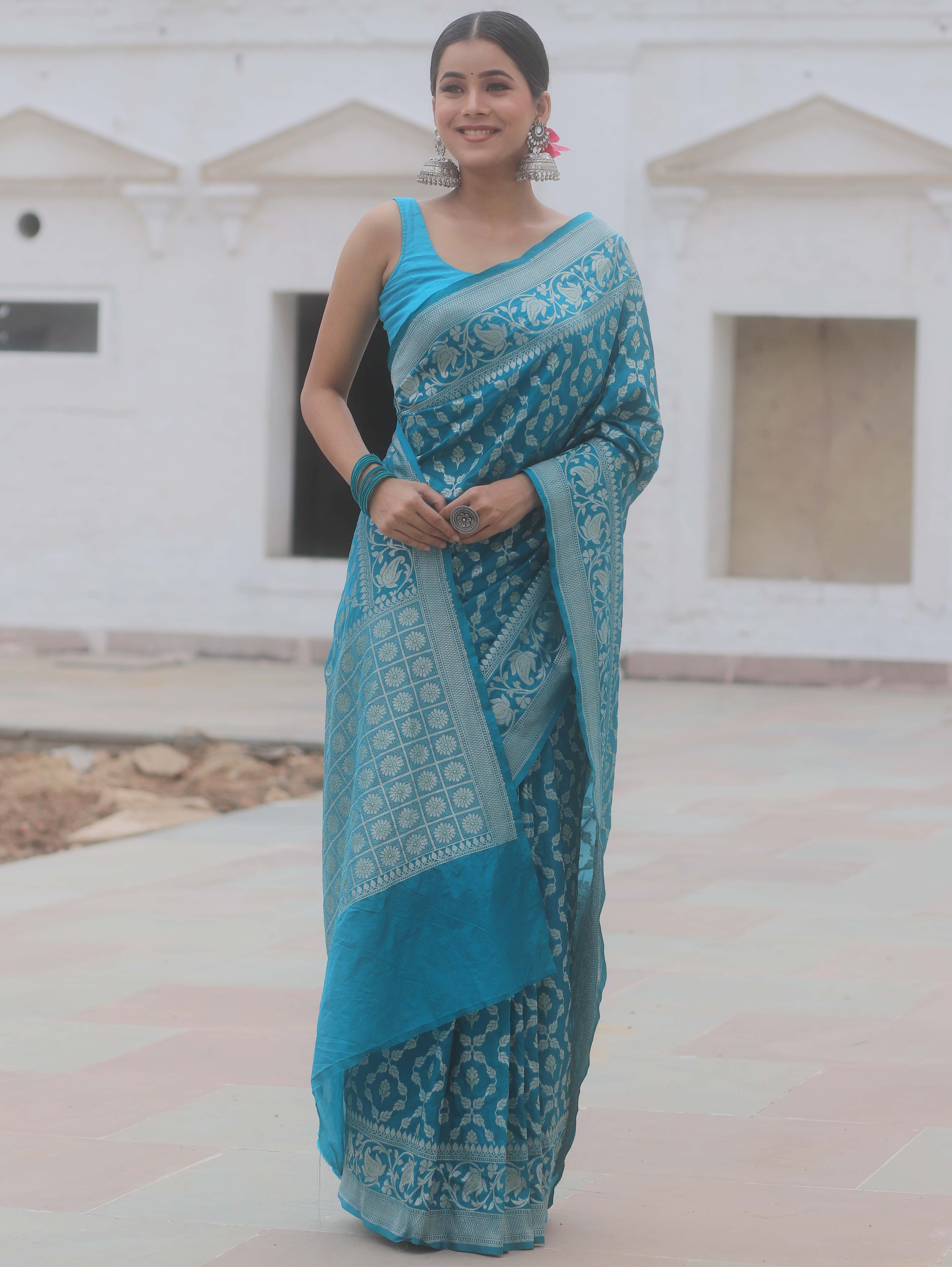 Banarasee Handwoven Semi Katan Saree With Zari Jaal Design & Border-Teal Blue