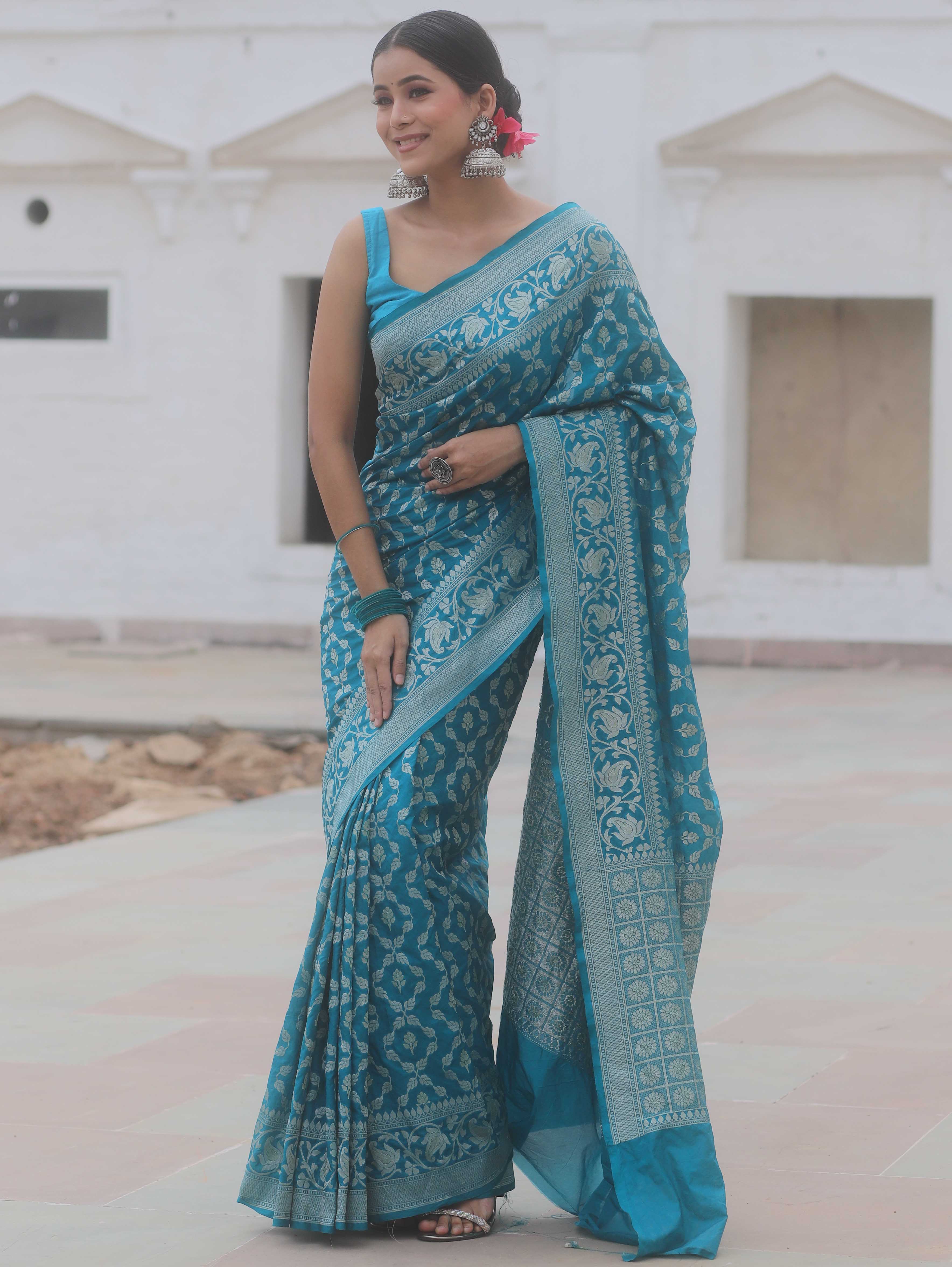 Banarasee Handwoven Semi Katan Saree With Zari Jaal Design & Border-Teal Blue