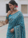 Banarasee Handwoven Semi Katan Saree With Zari Jaal Design & Border-Teal Blue