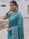 Banarasee Handwoven Semi Katan Saree With Zari Jaal Design & Border-Teal Blue