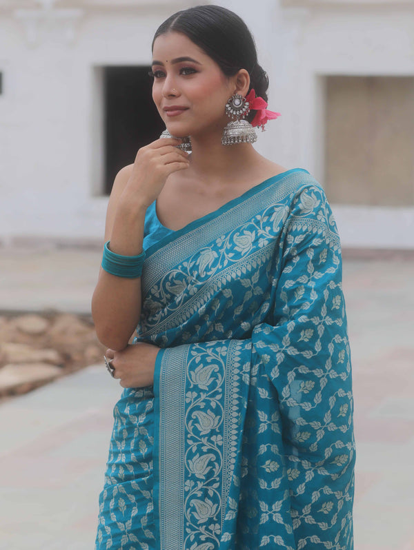 Banarasee Handwoven Semi Katan Saree With Zari Jaal Design & Border-Teal Blue