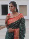 Banarasee Georgette Saree With Zari Work & Contrast Border-Green & Red