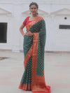 Banarasee Georgette Saree With Zari Work & Contrast Border-Green & Red