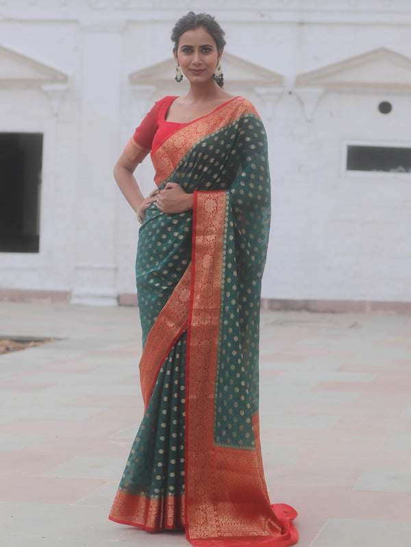 Banarasee Georgette Saree With Zari Work & Contrast Border-Green & Red