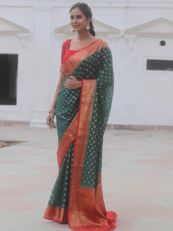 Banarasee Georgette Saree With Zari Work & Contrast Border-Green & Red