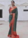 Banarasee Georgette Saree With Zari Work & Contrast Border-Green & Red