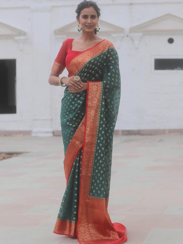 Banarasee Georgette Saree With Zari Work & Contrast Border-Green & Red