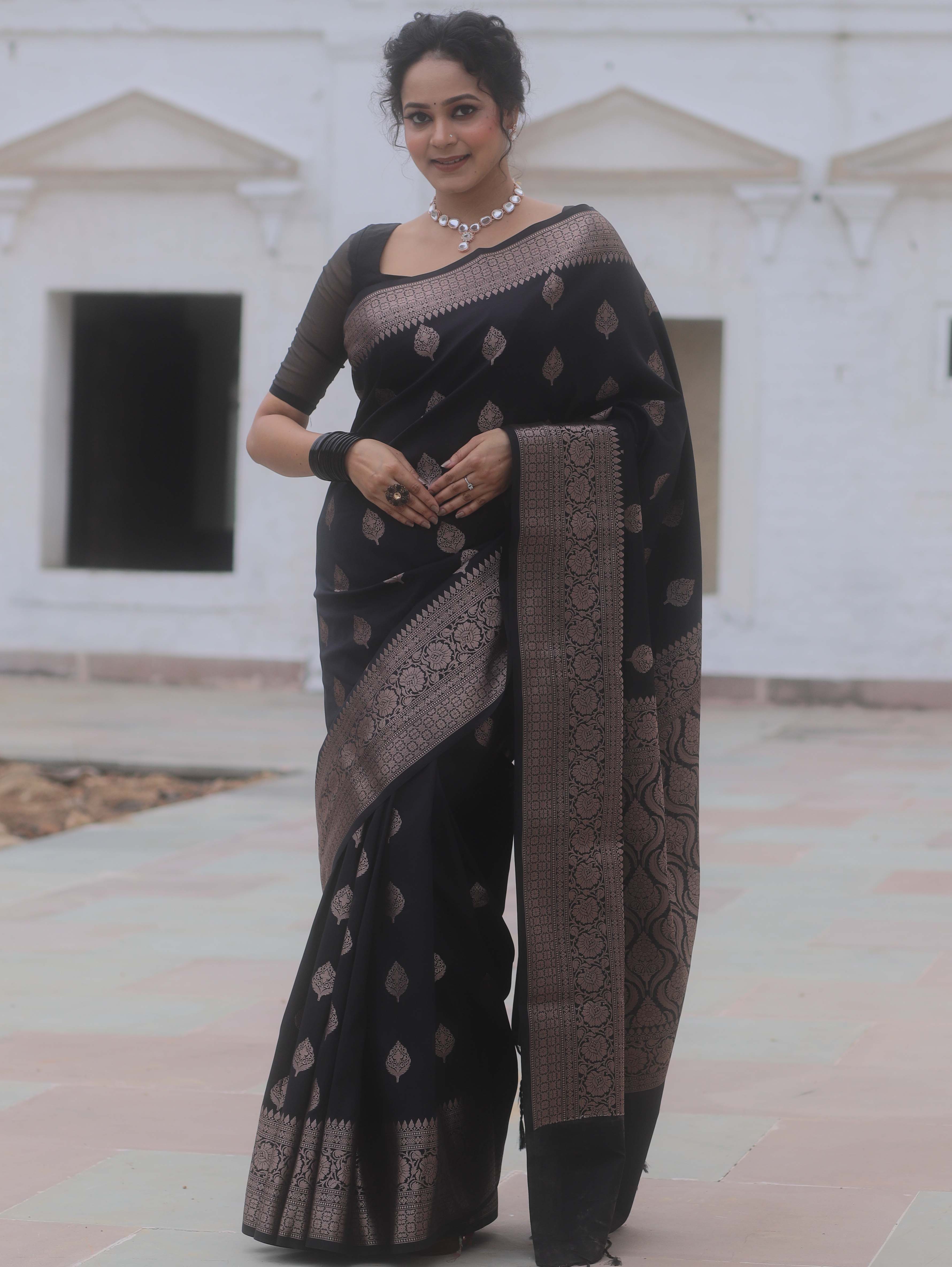 Banarasee Handwoven Semi Silk Saree With Zari Buti Design-Black