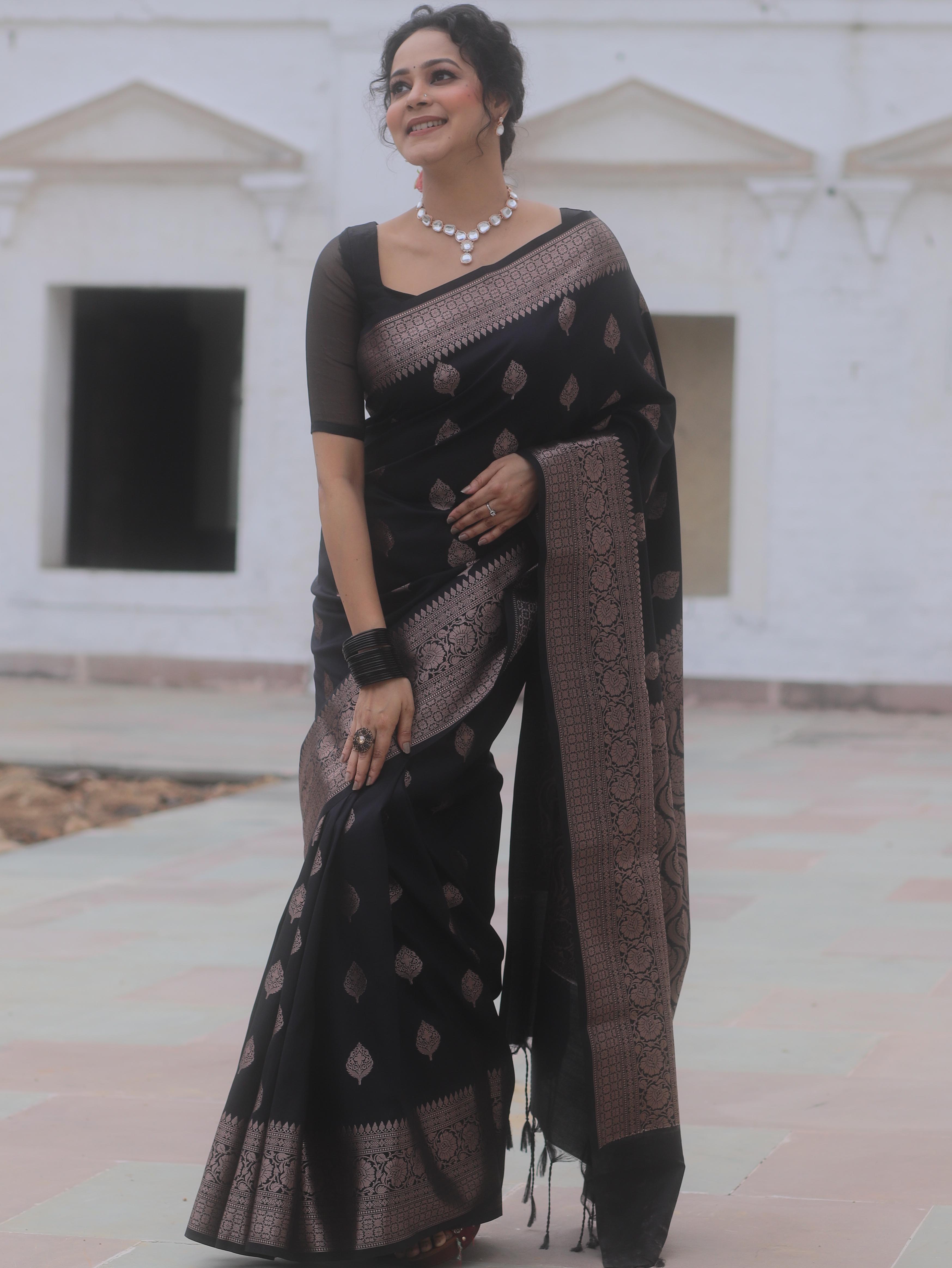 Banarasee Handwoven Semi Silk Saree With Zari Buti Design-Black