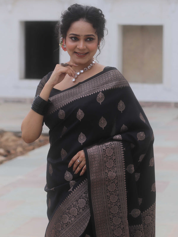 Banarasee Handwoven Semi Silk Saree With Zari Buti Design-Black