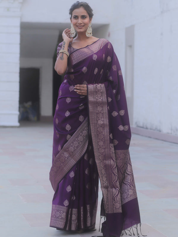 Banarasee Handwoven Semi Silk Saree With Zari Buti Design-Purple