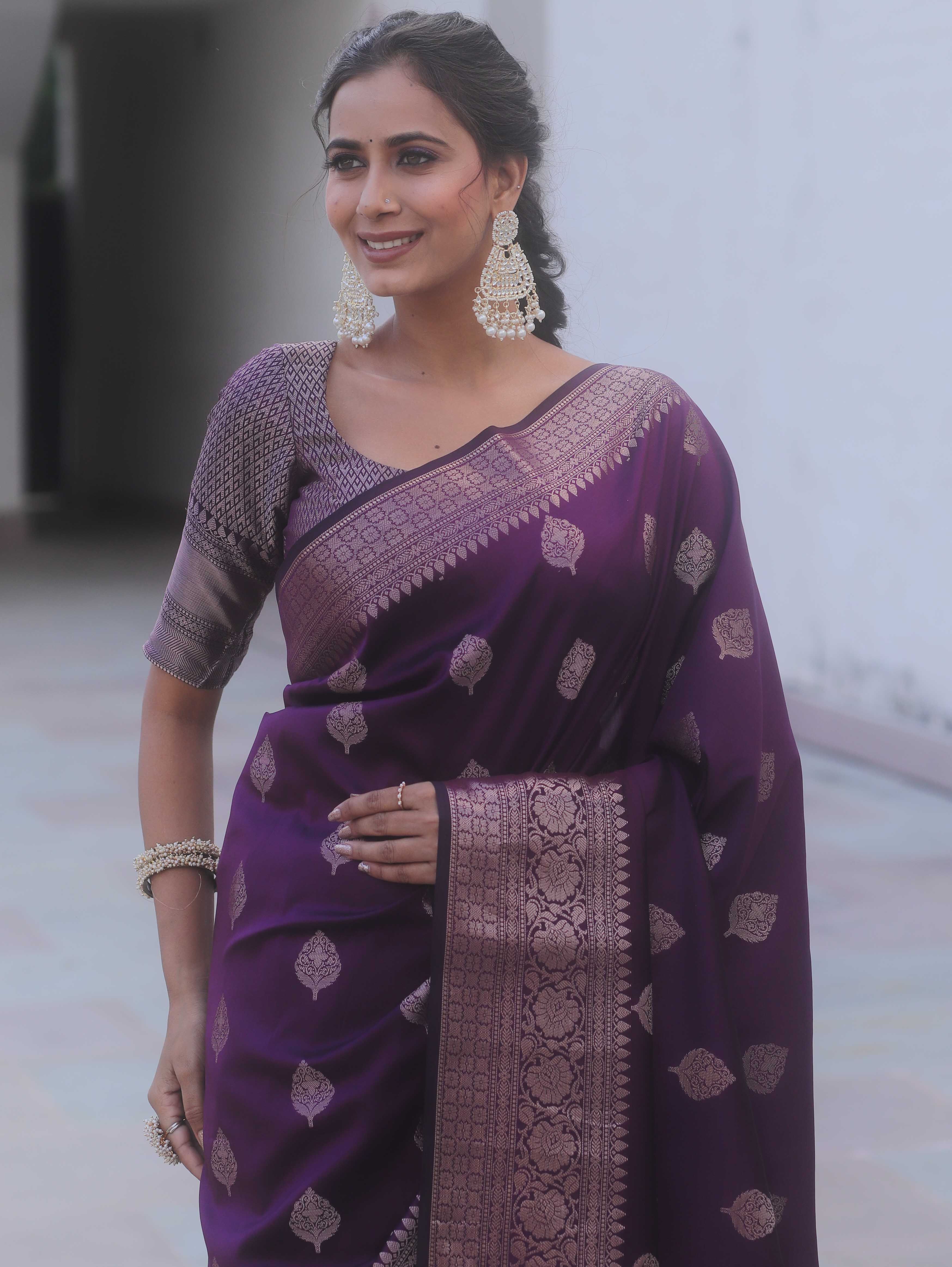 Banarasee Handwoven Semi Silk Saree With Zari Buti Design-Purple