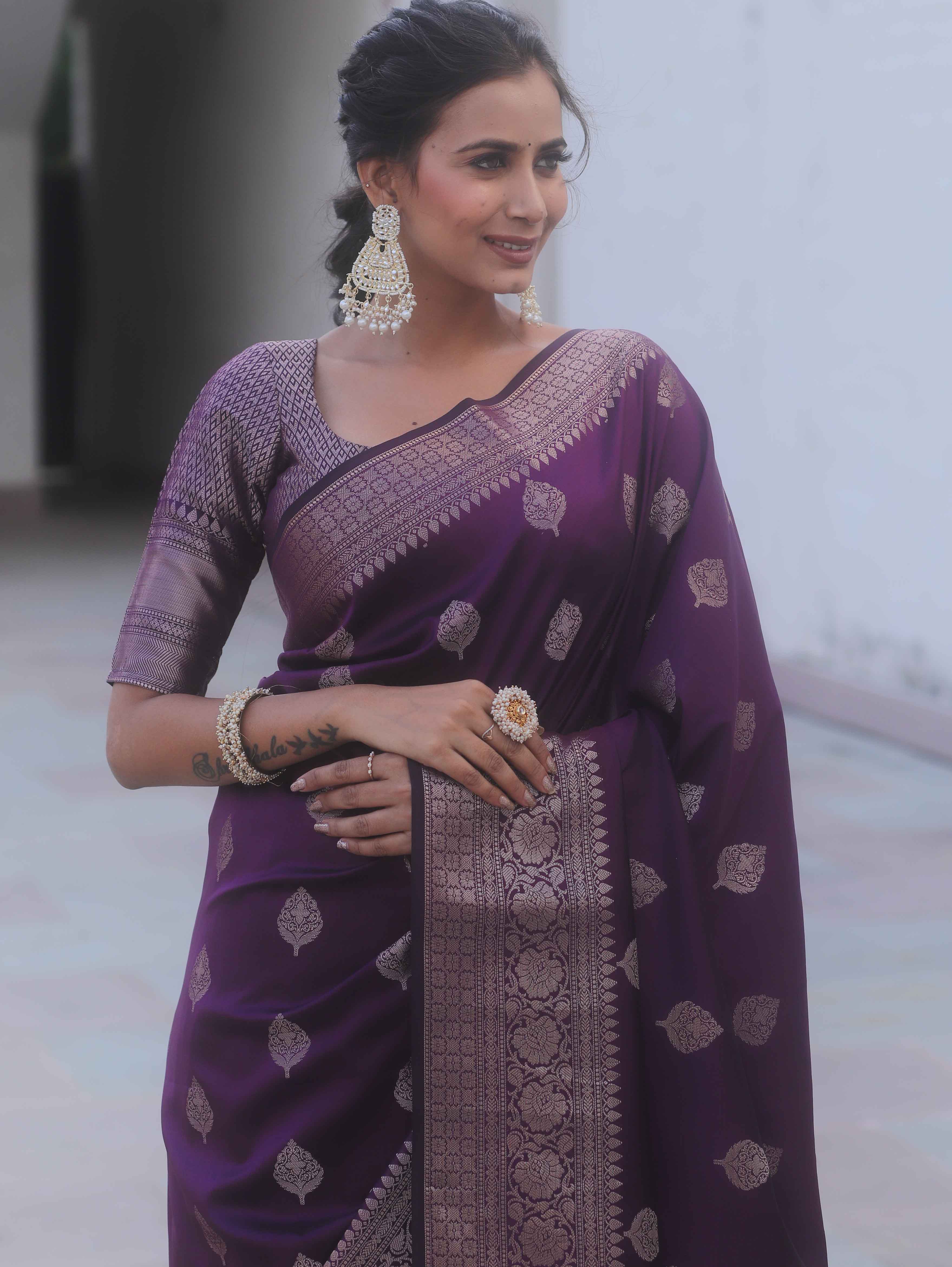 Banarasee Handwoven Semi Silk Saree With Zari Buti Design-Purple