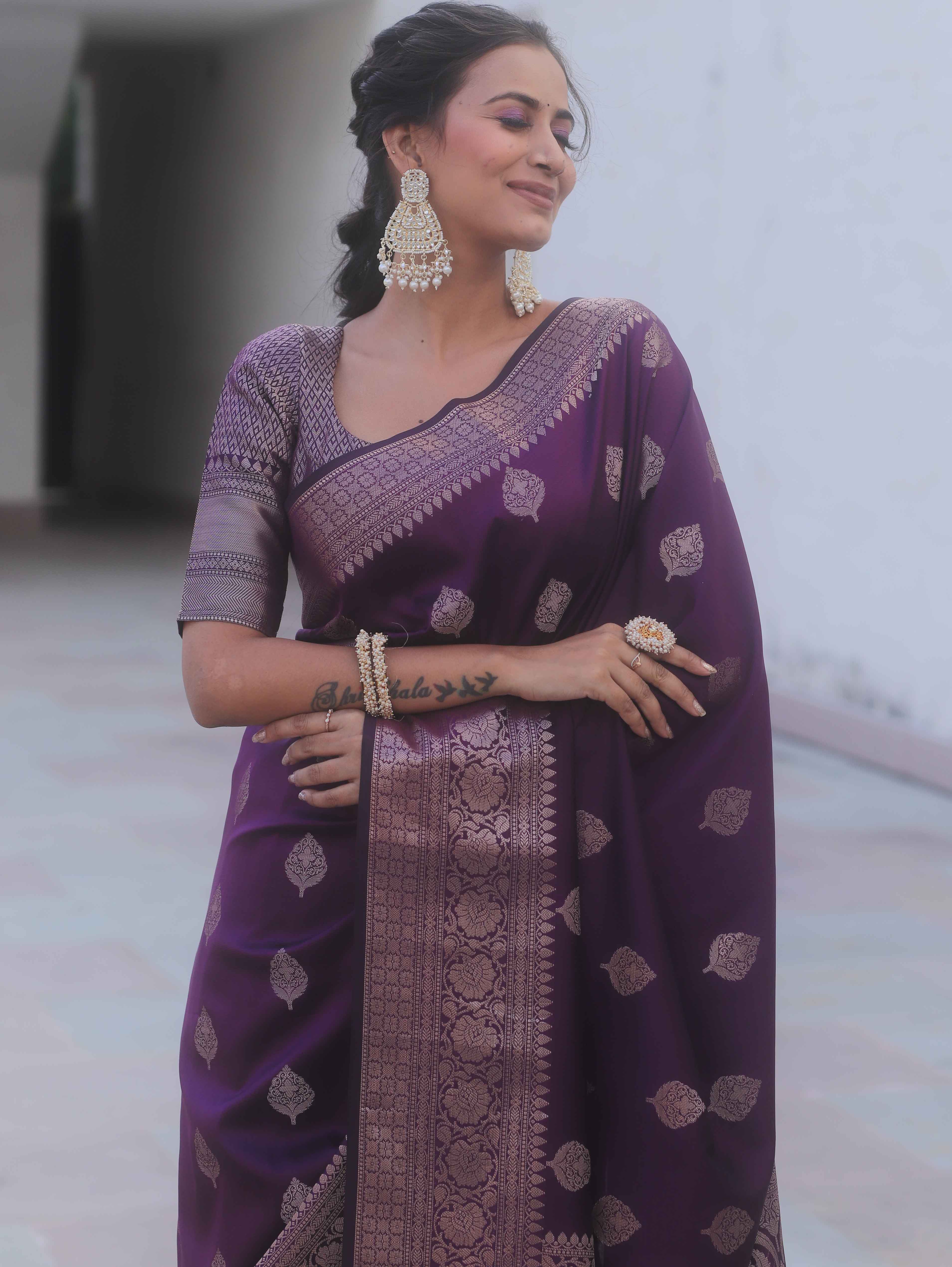 Banarasee Handwoven Semi Silk Saree With Zari Buti Design-Purple