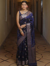 Banarasee Handwoven Semi Silk Saree With Zari Buti Design-Blue