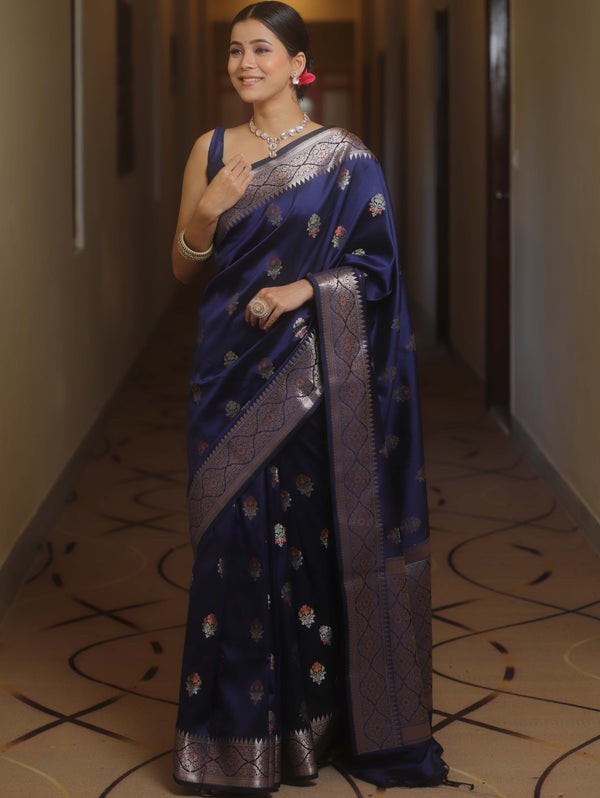 Banarasee Handwoven Semi Silk Saree With Zari Buti Design-Blue