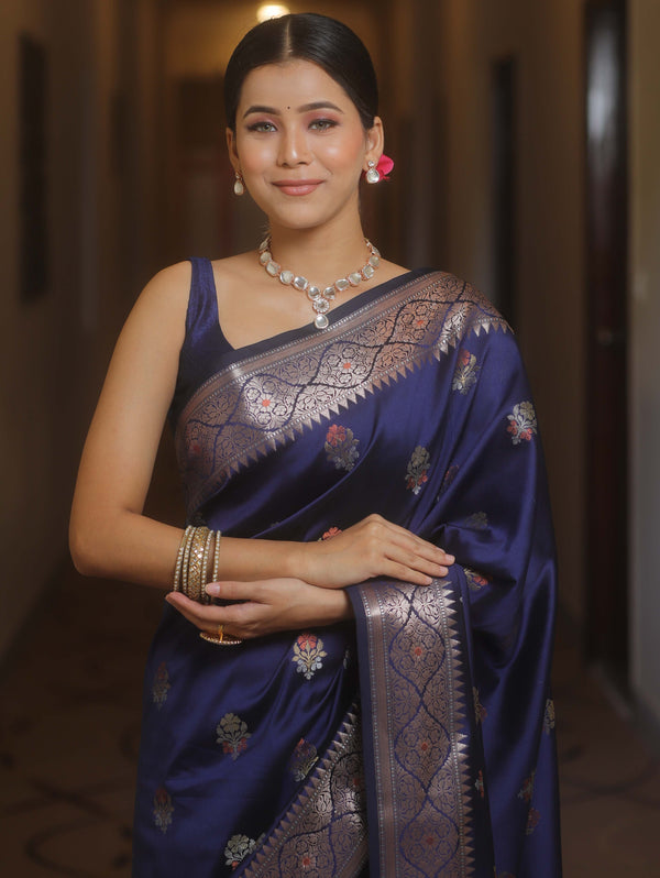 Banarasee Handwoven Semi Silk Saree With Zari Buti Design-Blue