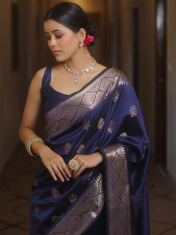 Banarasee Handwoven Semi Silk Saree With Zari Buti Design-Blue