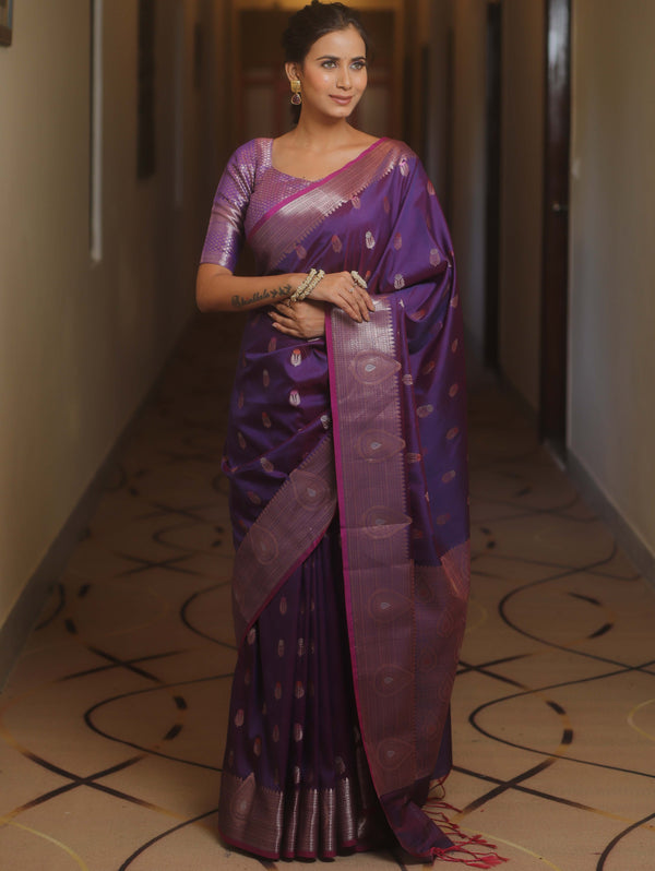 Banarasee Handwoven Semi Silk Saree With Zari Buti Design-Violet (Dual Tone)