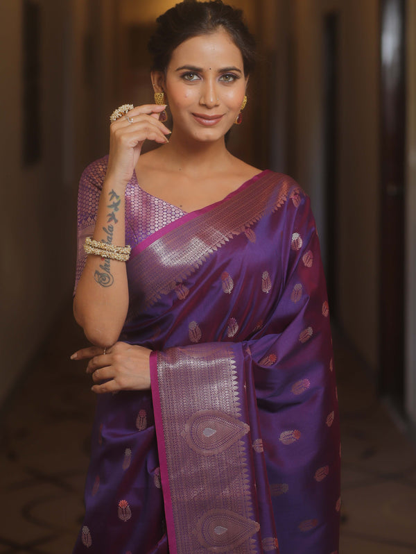 Banarasee Handwoven Semi Silk Saree With Zari Buti Design-Violet (Dual Tone)