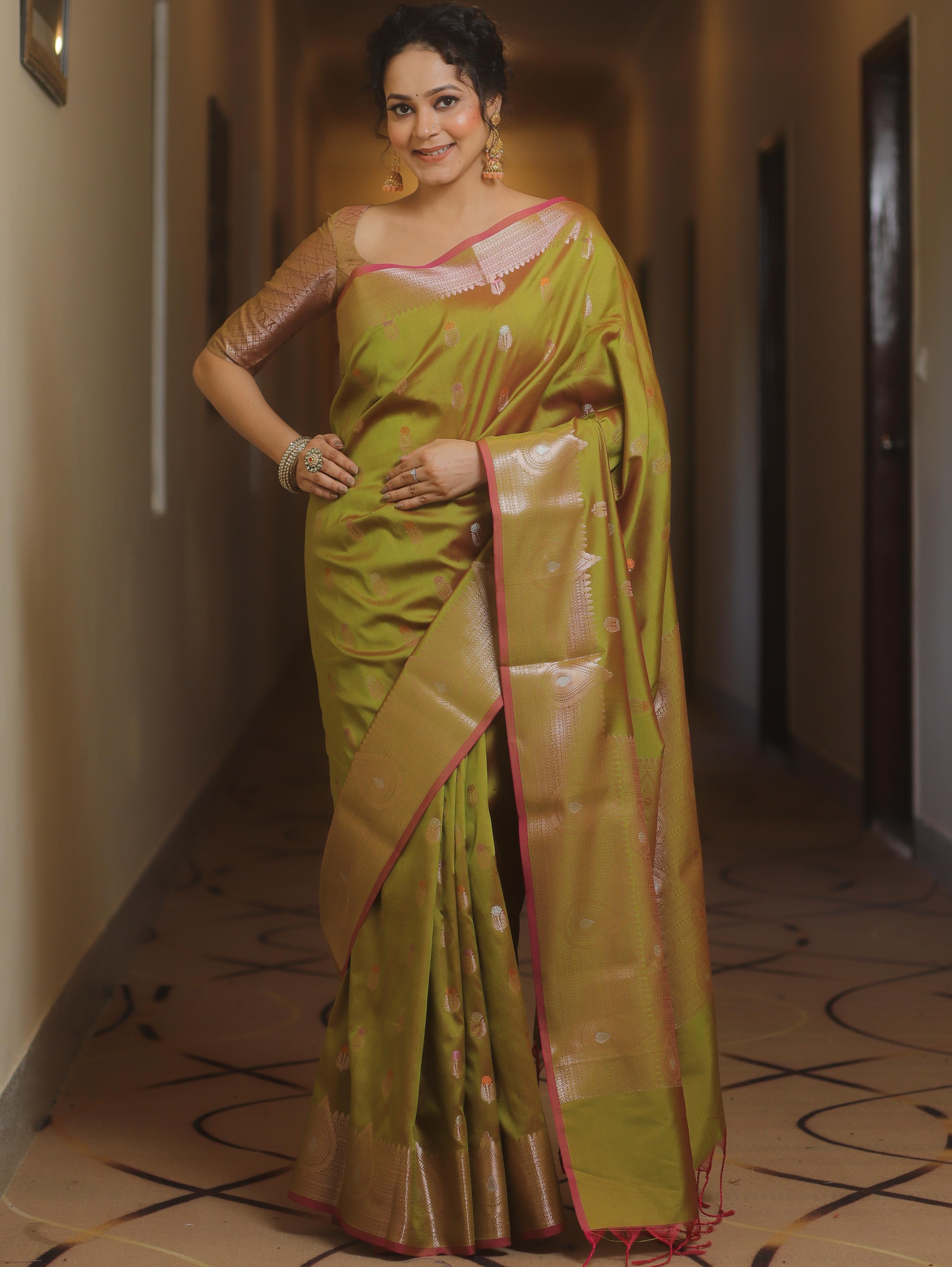 Banarasee Handwoven Semi Silk Saree With Zari Buti Design-Olive Green (Dual Tone)