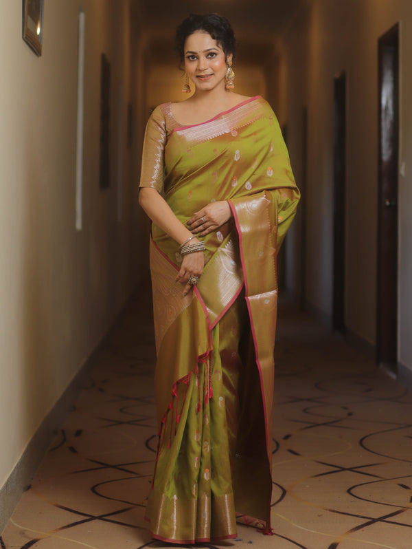 Banarasee Handwoven Semi Silk Saree With Zari Buti Design-Olive Green (Dual Tone)