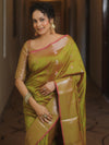 Banarasee Handwoven Semi Silk Saree With Zari Buti Design-Olive Green (Dual Tone)