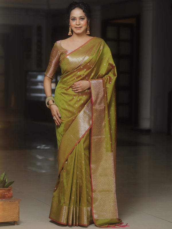 Banarasee Handwoven Semi Silk Saree With Zari Buti Design-Olive Green (Dual Tone)