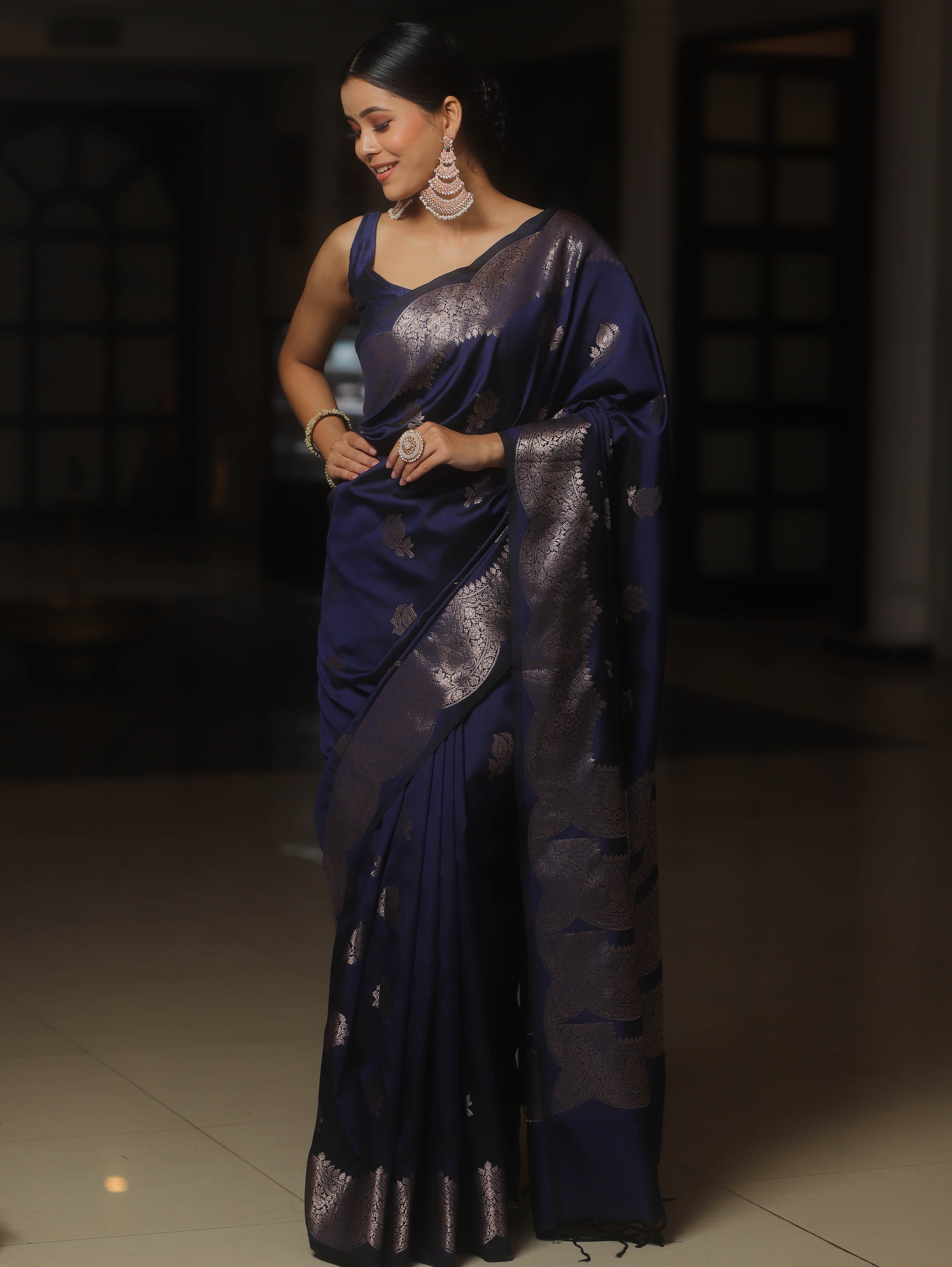 Banarasee Handwoven Semi Silk Saree With Zari Buti Design-Blue