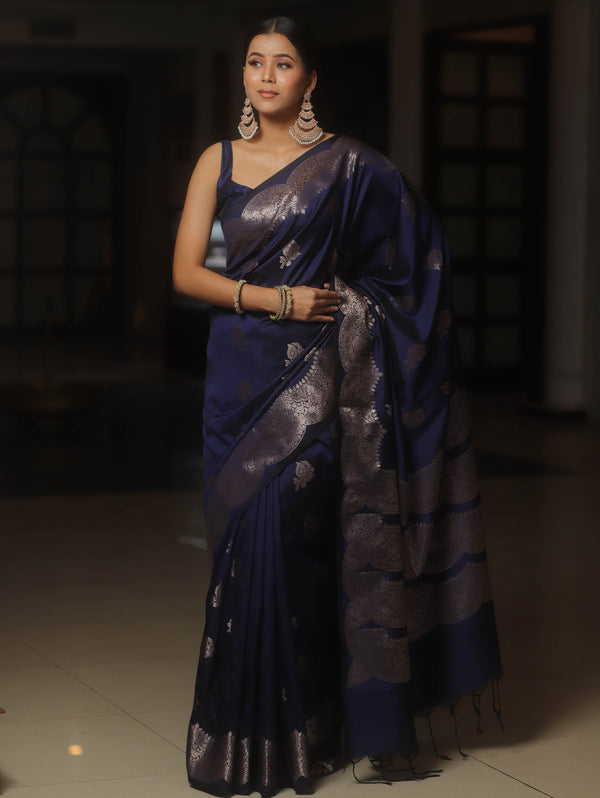 Banarasee Handwoven Semi Silk Saree With Zari Buti Design-Blue