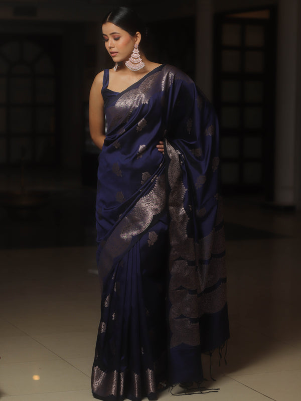 Banarasee Handwoven Semi Silk Saree With Zari Buti Design-Blue