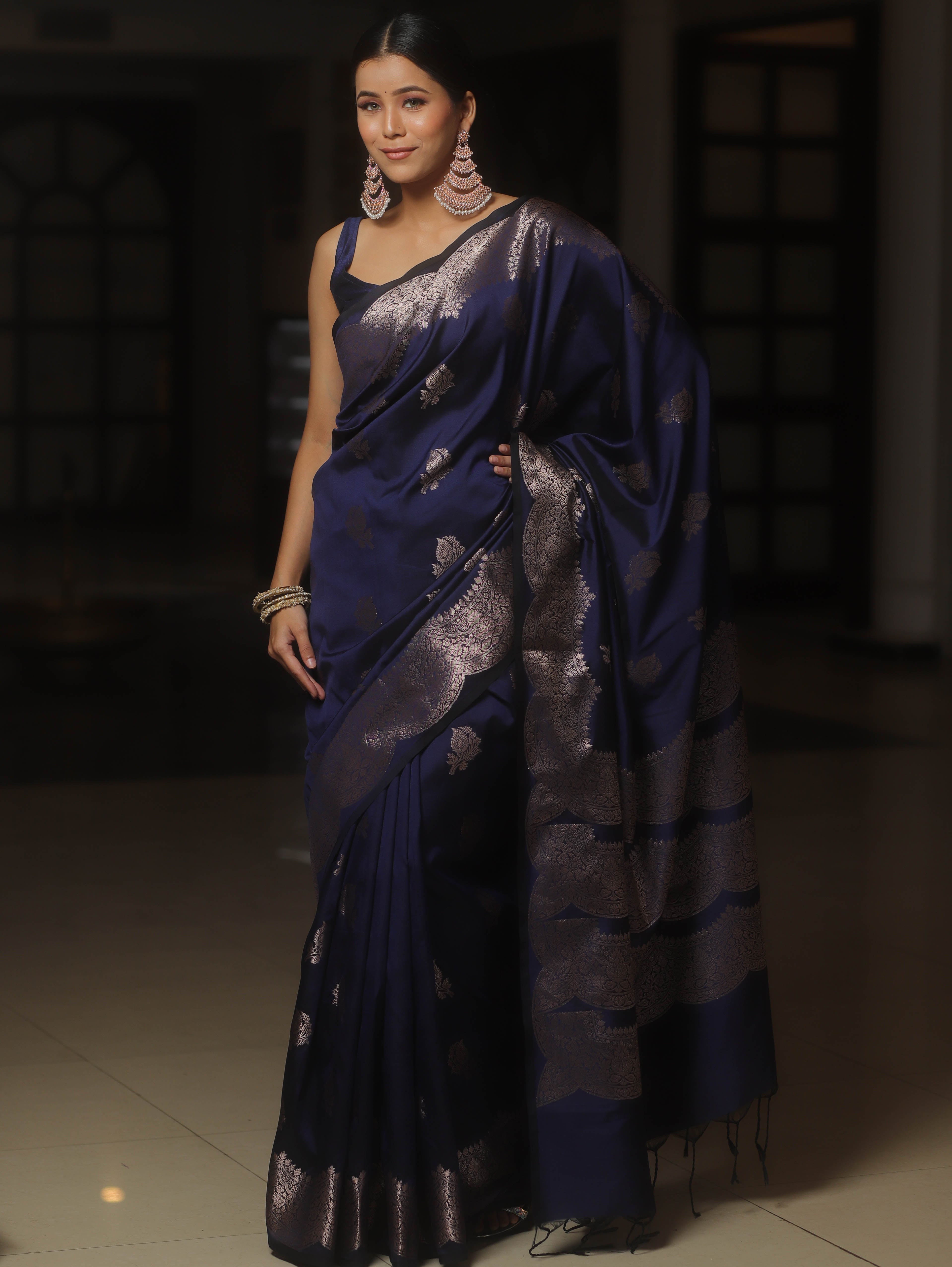 Banarasee Handwoven Semi Silk Saree With Zari Buti Design-Blue