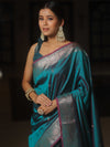 Banarasee Handwoven Semi Silk Saree With Zari Buti Design-Peacock Blue (Dual Tone)